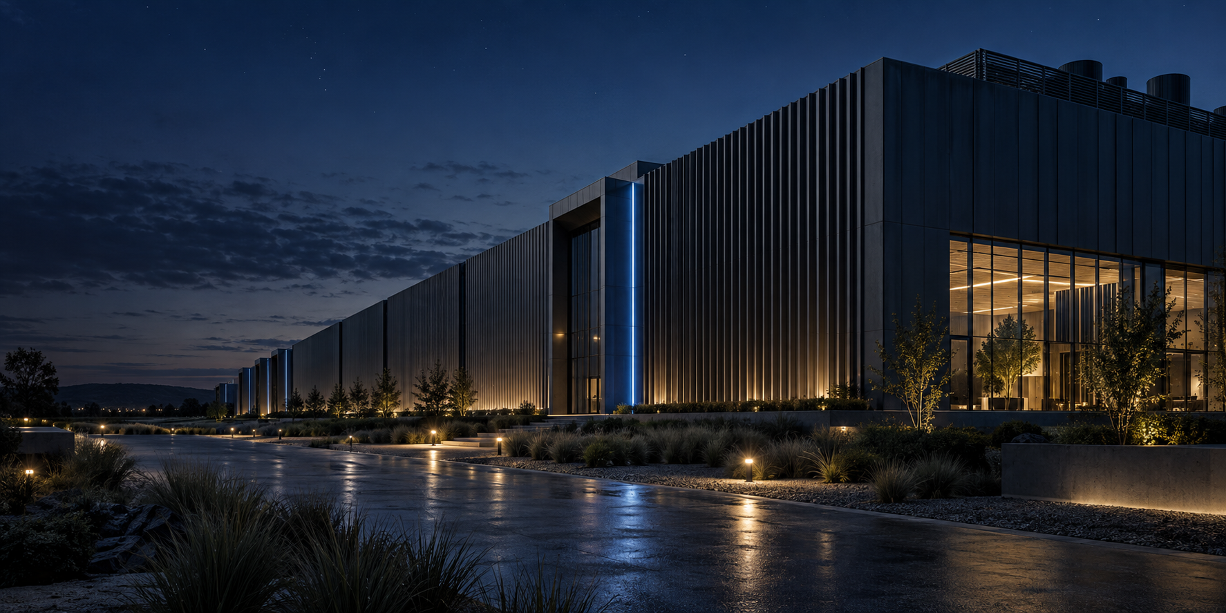 Illustrative architectural concept of a contemporary data centre at blue hour