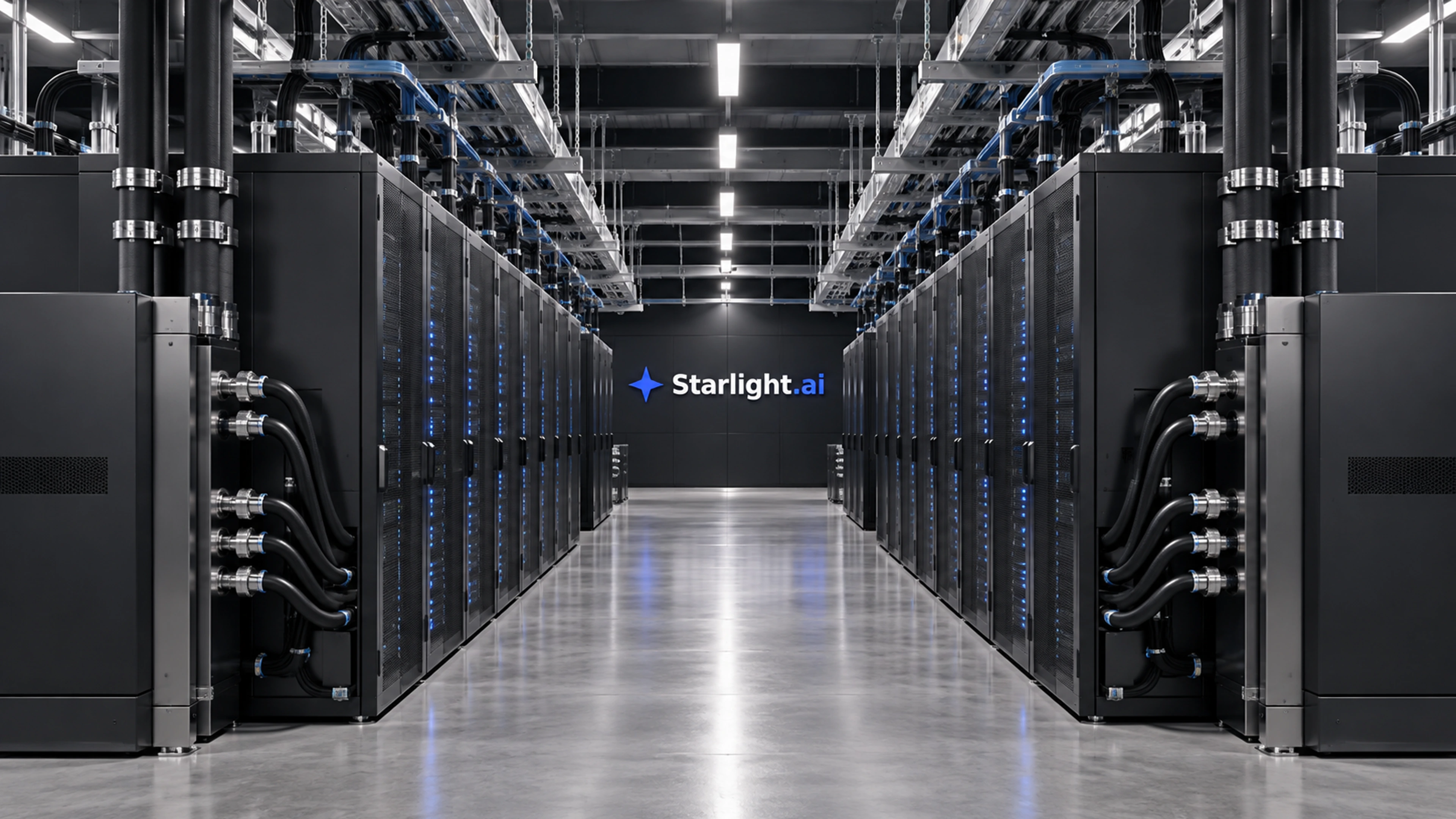 Illustrative liquid-cooled AI data hall with racks and overhead services