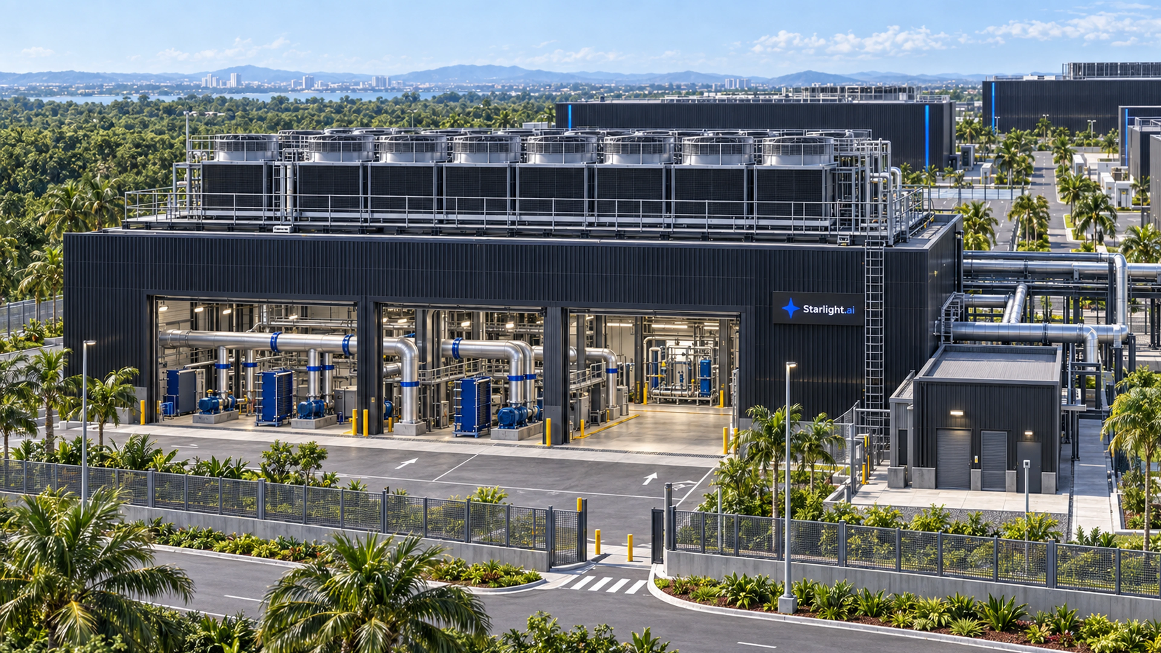Concept of a central utility plant with cooling equipment and pipework