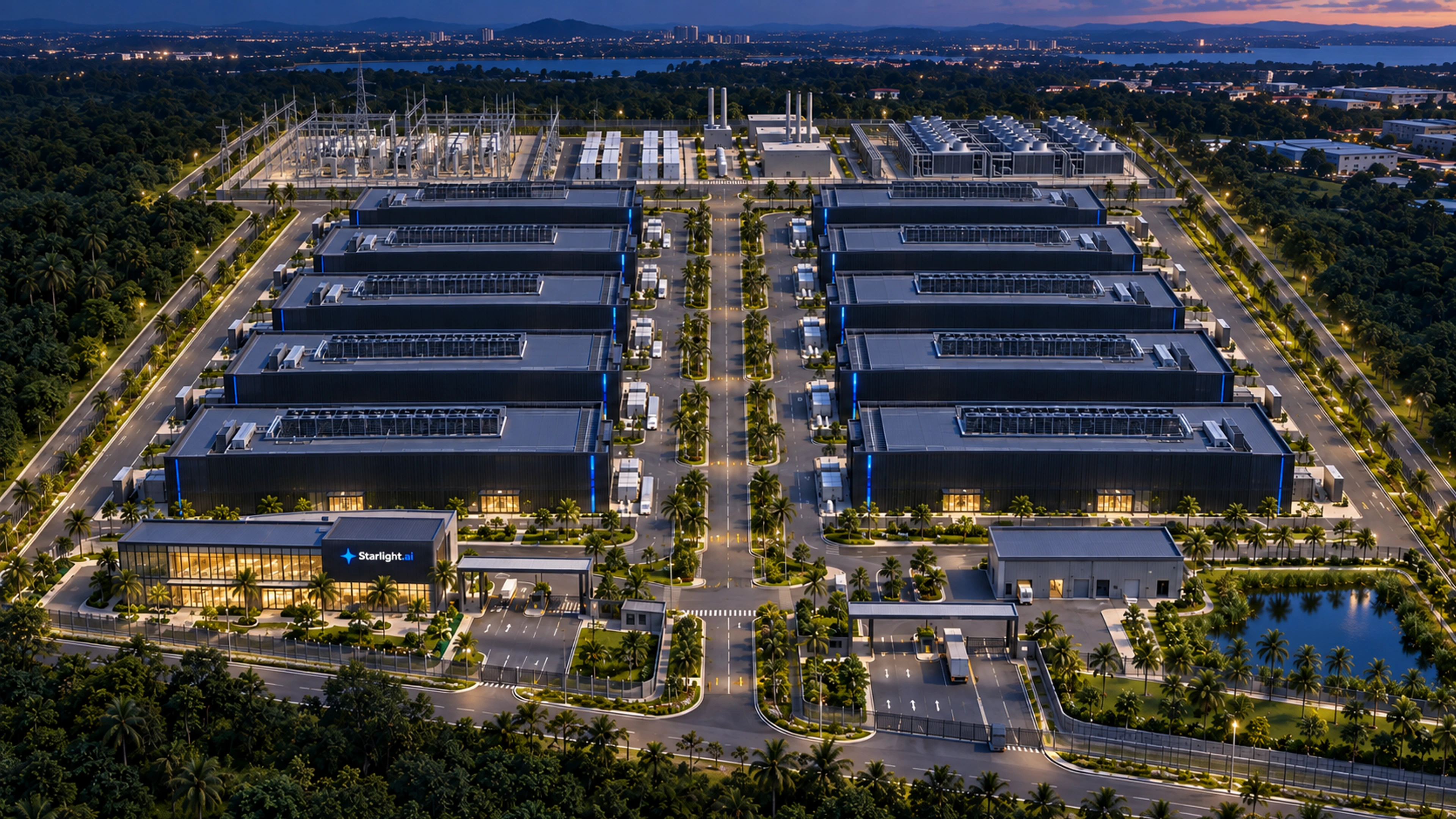 Illustrative full build-out of the proposed data-centre campus at dusk