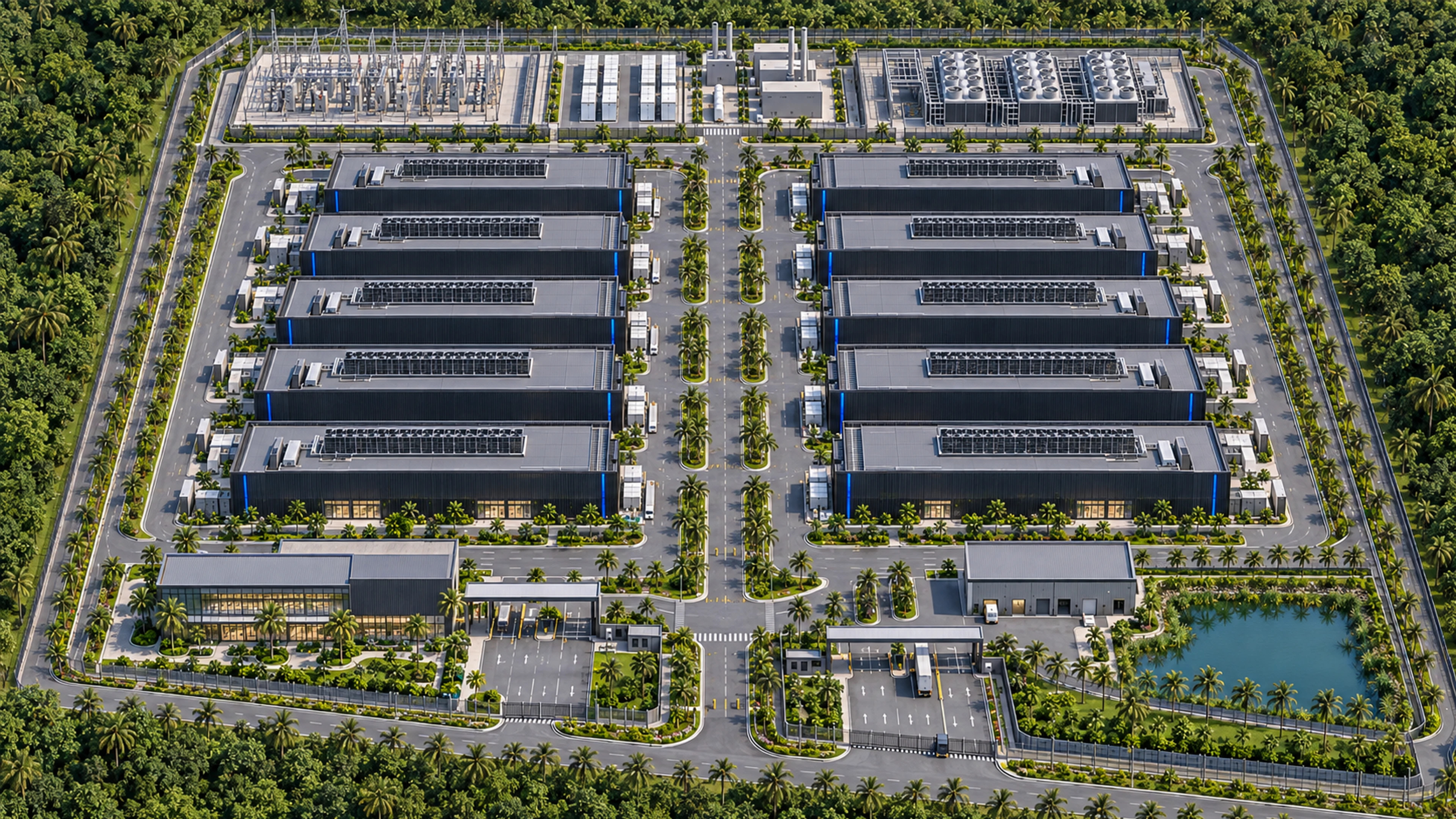 Illustrative masterplan: two groups of five data-hall modules, a northern utility zone, southern access and southeast water landscape