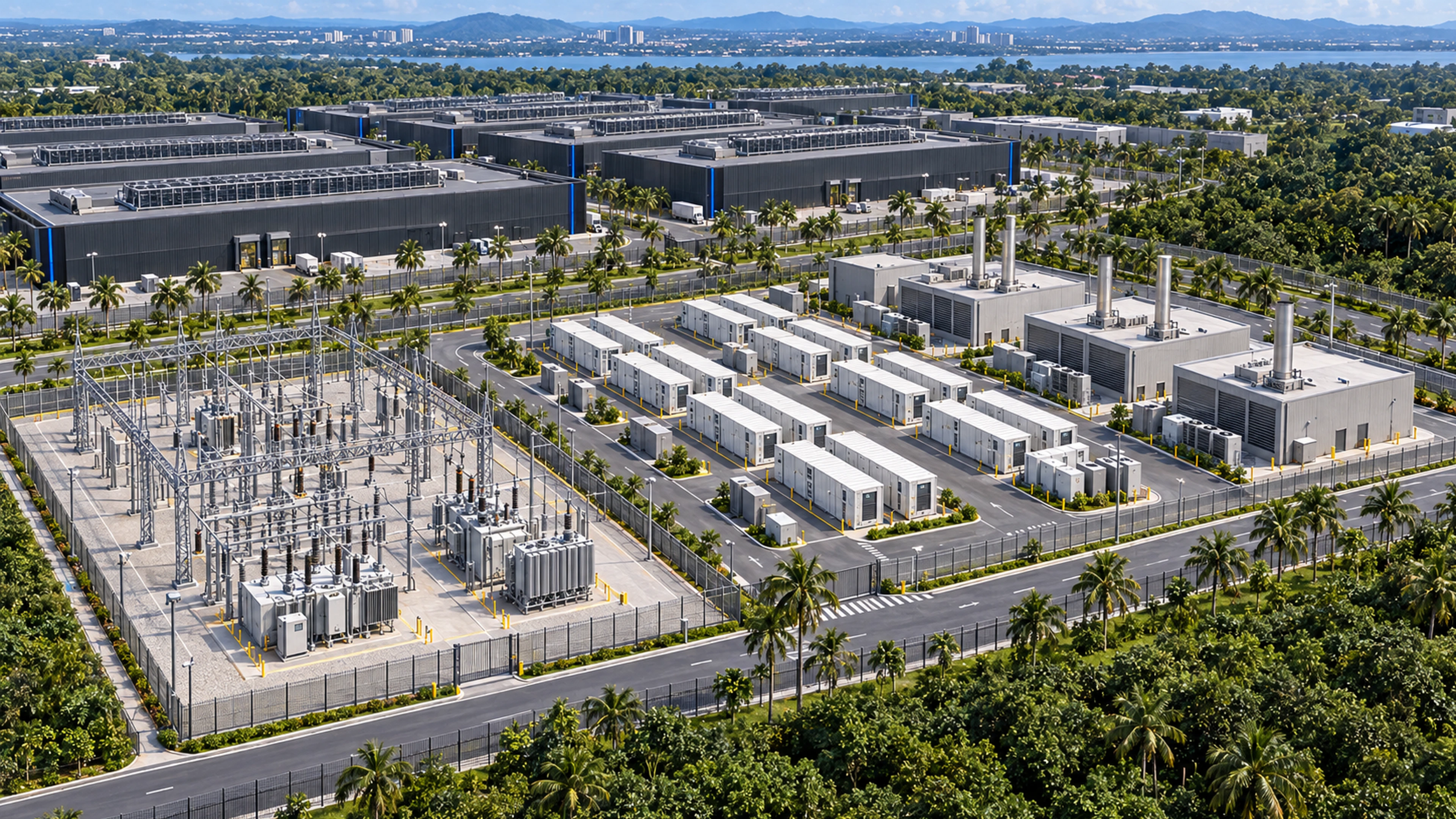 Concept of a high-voltage substation, battery storage and enclosed generation
