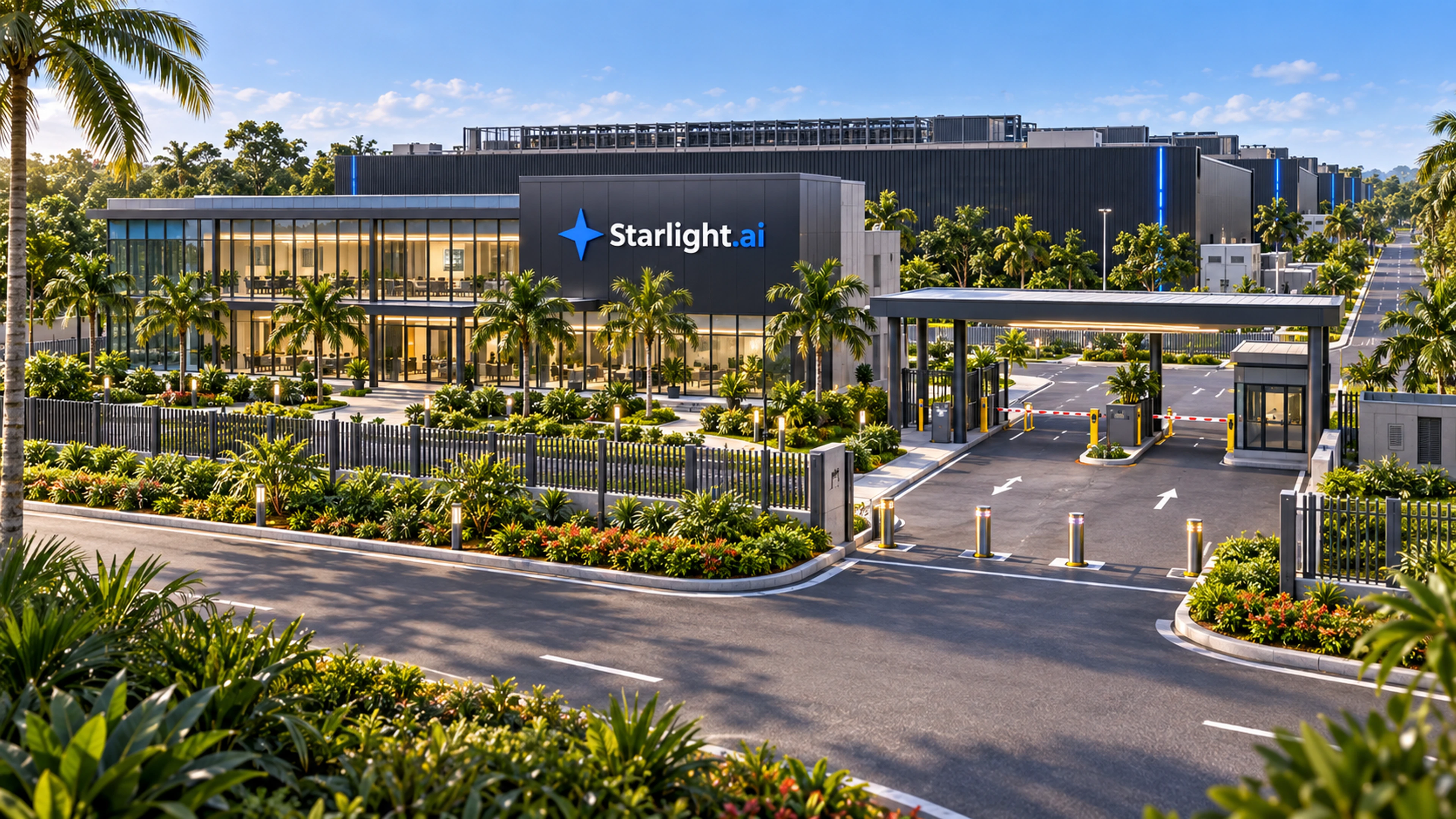 Concept of a Starlight campus entrance, administrative building and landscaped pedestrian approach